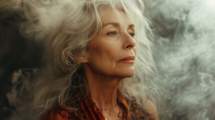 Image of a middle-aged woman in menopause with hot flashes and hormonal thermoregulation failures.