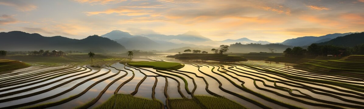 Field of ripe rice at dusk background