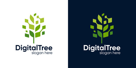 Abstract tree logo design template with digital pixel technology graphic design vector. Symbol, icon, creative. - obrazy, fototapety, plakaty