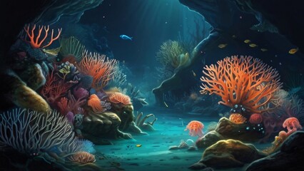Underwater world with breathtaking colorful fish, corals and other beautiful underwater creatures, the moon shimmers through the water - obrazy, fototapety, plakaty