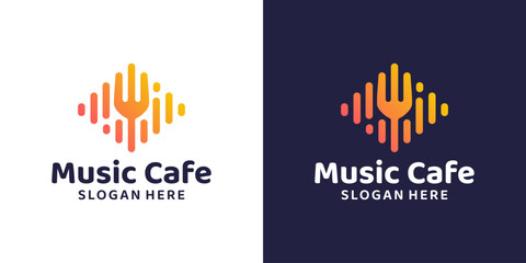 Music cafe logo design template. Sound audio wave with spoon fork graphic design vector. Symbol, icon, creative.