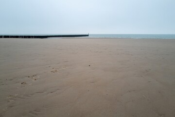 old wooden breakwaters on the north sea in Zeeland Netherlands