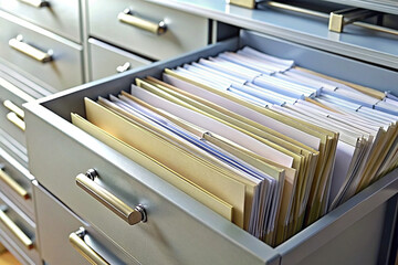 Taxation and Accounting, Filing cabinet with labeled folders and tax documents, indicating accounting and tax-related tasks - obrazy, fototapety, plakaty