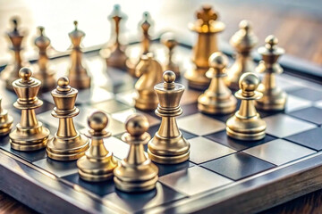 Business Strategy, Chessboard with chess pieces arranged strategically, symbolizing business strategy and planning.

