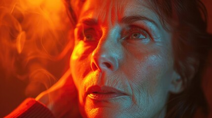Image of a middle-aged woman in menopause with hot flashes and hormonal thermoregulation failures.