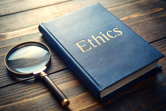 Business Ethics, Ethics book and magnifying glass on a desk, symbolizing ethical decision-making.