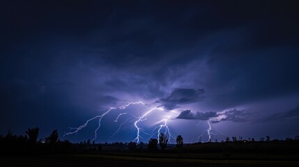 Naklejka na ściany i meble Lightning Strike in the dark sky over the city. Lightning storm over city in purple light