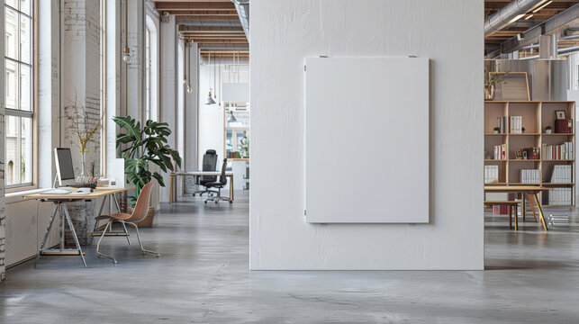 empty white blank poster on wooden wall  in an office, white board hung in a room in modern office corridor