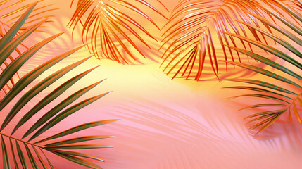 Fototapeta na wymiar palm leaves on orange background, tropical leaves , empty space for text