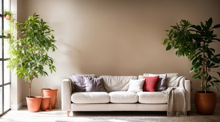 Fototapeta na wymiar Modern living space with white sofa 
