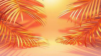 Fototapeta na wymiar palm leaves on orange background, tropical leaves , empty space for text