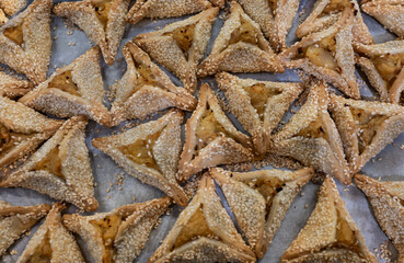 Hamantaschen cookies at the bakery for Purim celebration.