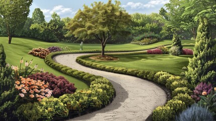 Obraz premium A serene garden pathway meanders through lush greenery and vibrant flowers, inviting a moment of tranquility and reflection.