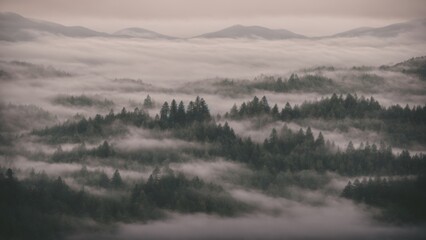 Mysterious mist veiling misty forested hillside 