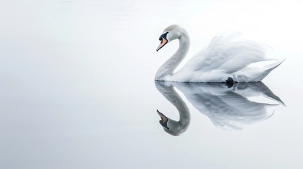 Swan and its reflection merge on the calm water, creating a perfect symmetrical image