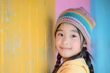 a little girl wearing a colorful hat leaning against a yellow wall