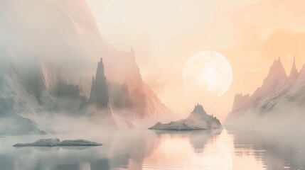 In a breathtaking display of nature's artistry, the morning light breaks over mystical, mist-enshrouded peaks under a celestial orb - obrazy, fototapety, plakaty