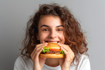 A woman is holding a hamburger and smiling