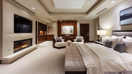 The master suite in a modern upscale home, with a king size sleigh bed, fireplace, enetertainment center, and seating.