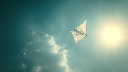A serene image capturing a solitary kite gliding in the soft glow of sunlight, embodying a sense of calm and freedom. - obrazy, fototapety, plakaty