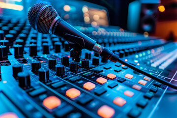 A microphone is on a sound board with a lot of buttons