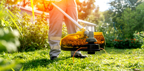 a gardener with a grass trimmer mows the lawn
