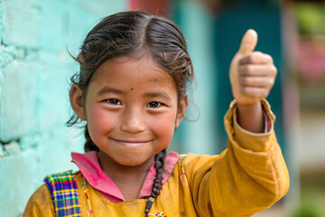 a little girl giving a thumbs up sign