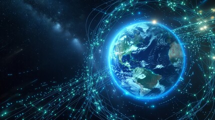 A stunning depiction of Earth surrounded by digital connections and starlight, highlighting the cosmic scale of technology and environment on Earth Day.