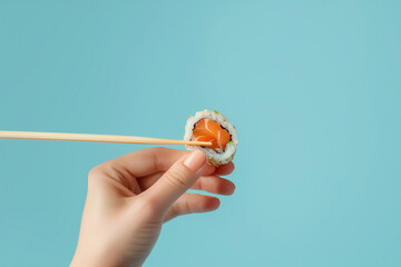 A hand holding a piece of sushi with chopsticks