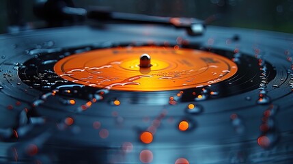 Vinyl record with raindrops on its surface, reflecting a vivid orange hue under a soft light,...