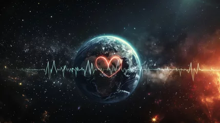 Foto op Canvas This artistic concept shows Earth with a heart rate graph, symbolizing the planet's vitality and the pulsing life it sustains, as we remember on Earth Day. © Oksana Smyshliaeva