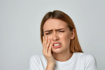 A woman with a toothache is holding her face and looking away