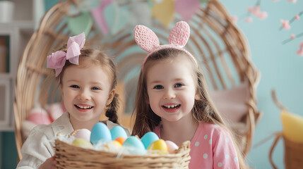 Two happy and smiling white children are holding a basket full with vivid colorful Easter eggs with cute patterns in a living room background. Front view.