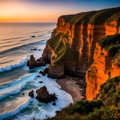 Dramatic coastal cliffs with crashing waves or serene beaches bathed in sunset hues.