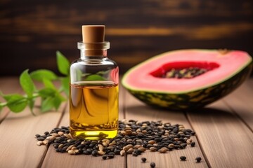 Amber-hued oil in glass bottle beside watermelon seeds and fresh slice. Watermelon Seed Oil with Fresh Fruit Background