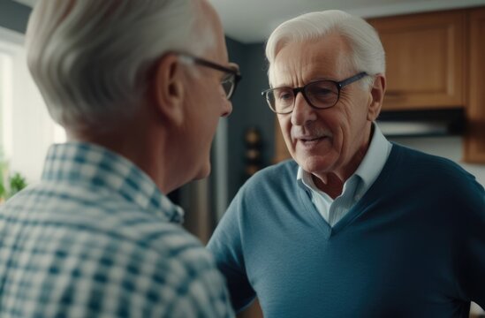 Two elderly men talking in the kitchen