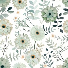 Obraz premium A seamless pattern adorned with pastel green flowers and foliage, invoking a sense of serenity and elegance, perfect for decor or fashion.