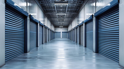 blue self storage facility with rolling doors, empty blue room shop corridor in mall