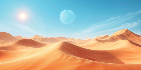 a brown sand dunes in the desert on blue sky background, appropriate for travel magazines, blog headers, website backgrounds, or desert themed contras designs.banner