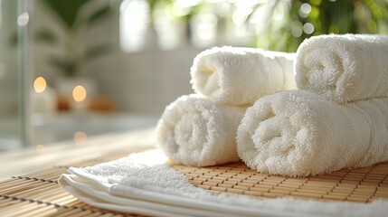 Fresh white towels rolled neatly on a bamboo mat, invoking a sense of relaxation and cleanliness in...