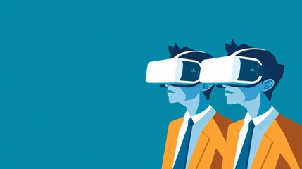 Two entrepreneurs in sharp suits adorned with VR headsets gaze into the future, envisioning the next big thing in business and technology.