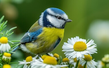 Obraz premium Blue Tit Resting Amidst White Daisies