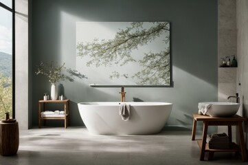Fototapeta na wymiar Peaceful bathroom showcasing standalone tub and nature-inspired elements 