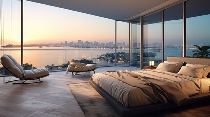 View of luxury apartment bedroom with view to the bay.