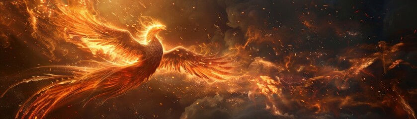 fiery phoenix rising from ashes in the depths of hell - obrazy, fototapety, plakaty
