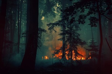 A forest at night, the trees whispering dark omens, their leaves flickering like flames - obrazy, fototapety, plakaty