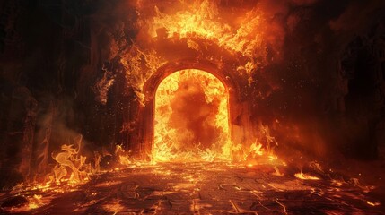 A fiery portal to the underworld, demons beckoning from within