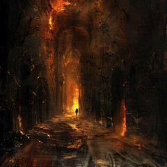 A labyrinth of shadows, its walls alive with fire, trapping souls within its dark embrace