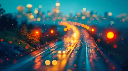 Foto op Plexiglas Nighttime Cityscape with Blurred Street Lights and Urban Traffic Bokeh © NURA ALAM