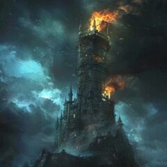 A tower piercing the night, its top aflame with a beacon calling forth dark creatures - obrazy, fototapety, plakaty